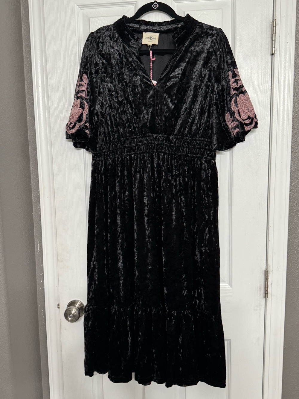 Umgee Black Velvet Midi Dress with Pink Embroidered Sleeves L